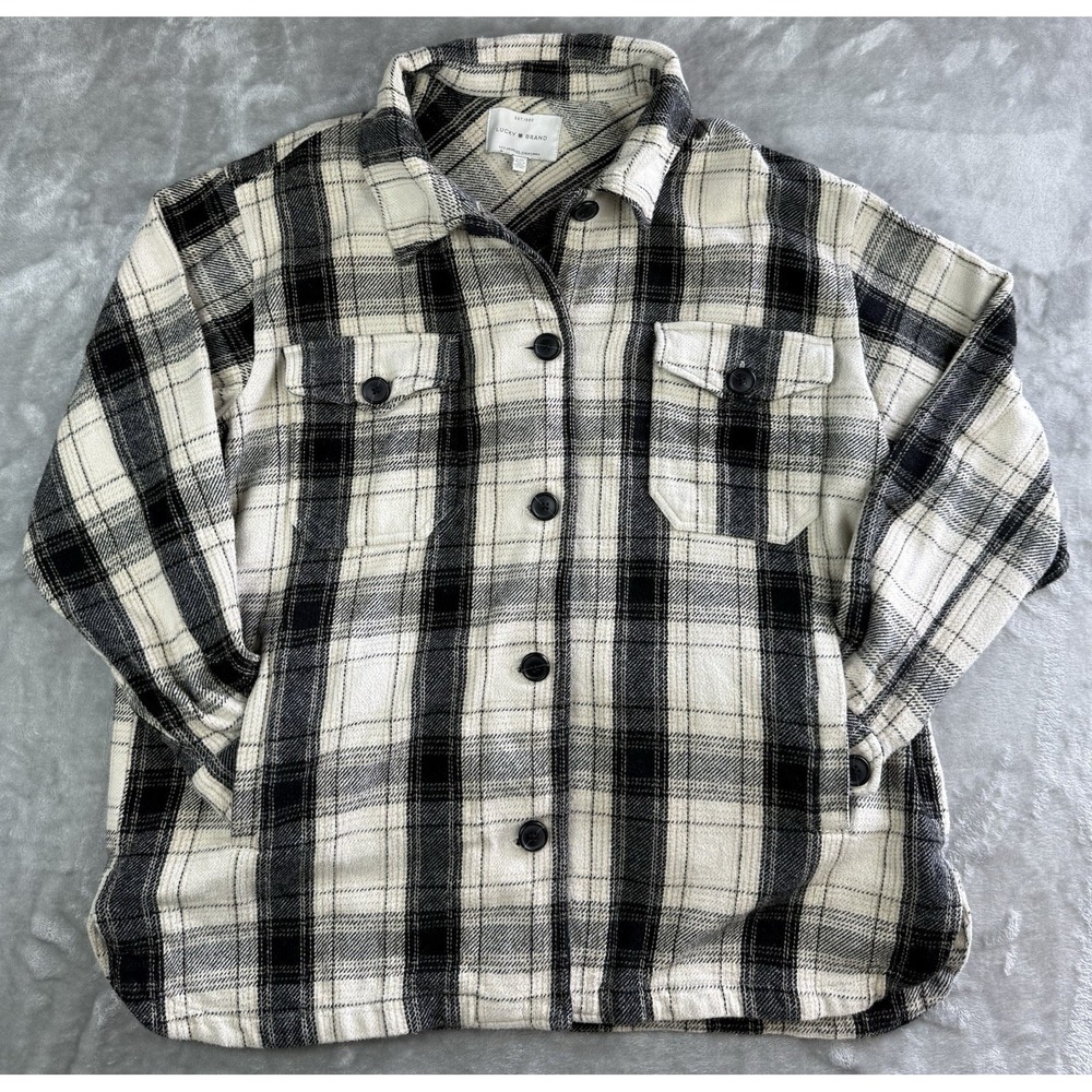 Lucky Brand Women's Large Plaid Shacket Jacket Black Cream Button Front